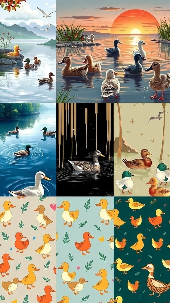 Aesthetic wallpapers featuring ducks in serene landscapes and playful illustrations.